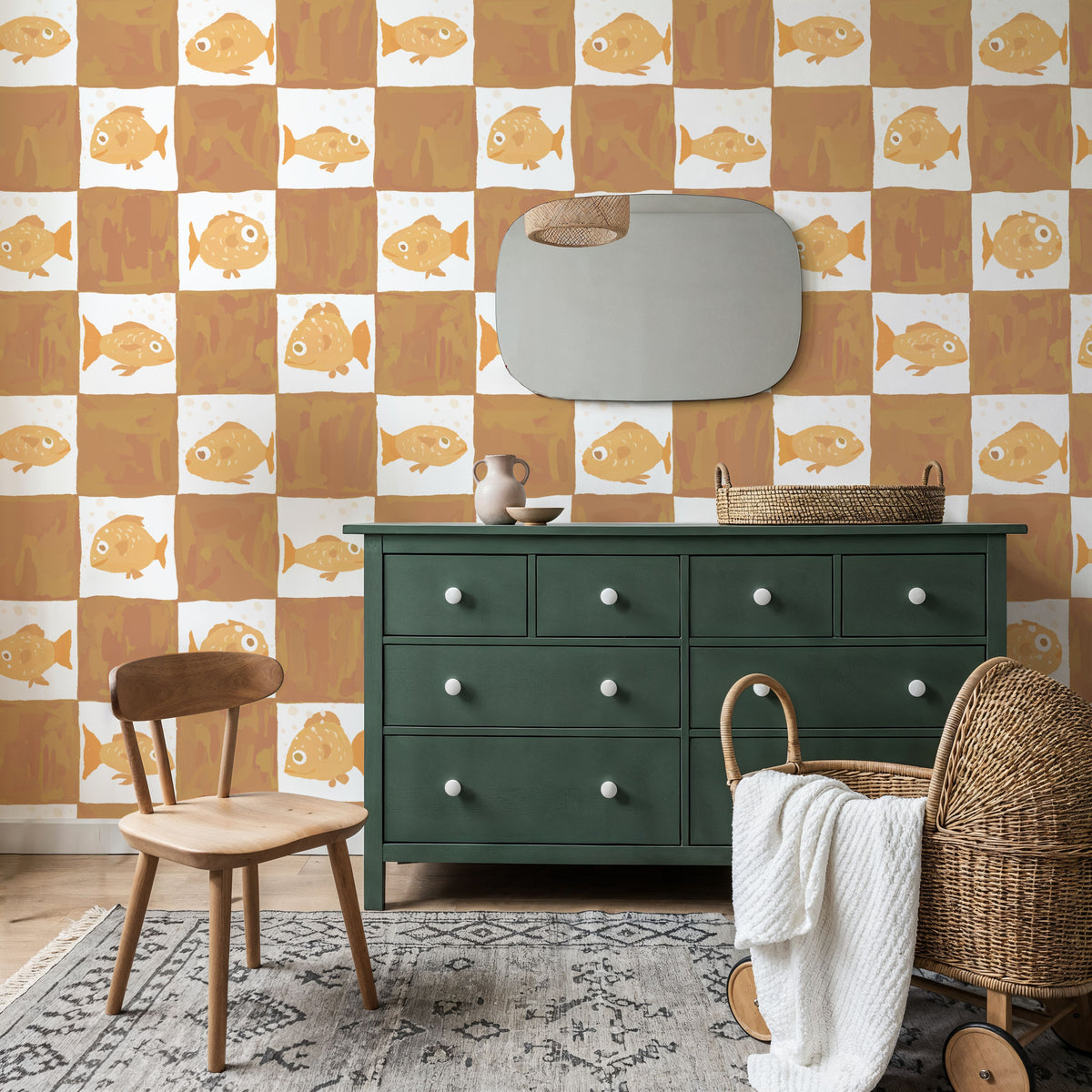 Fish Checkers, Warm Brown Mural Wallpaper - room preview 06