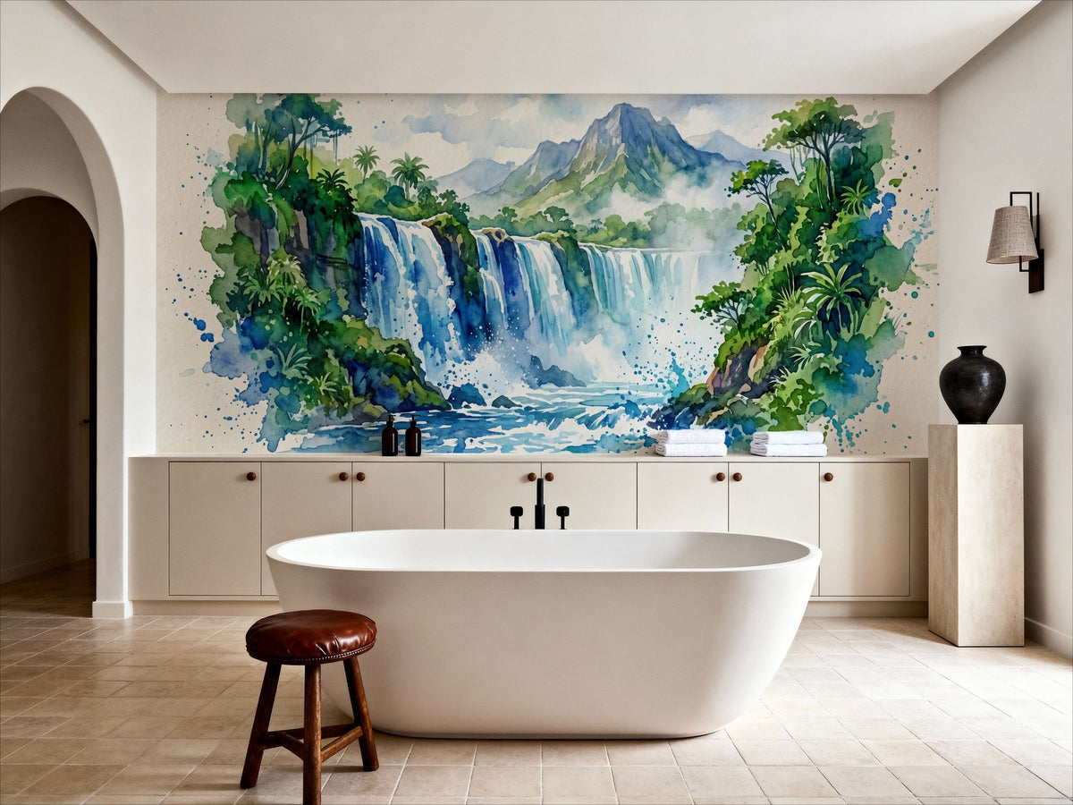 Tropical Waterfall - Watercolor Landscapes Series Mural Wallpaper - room preview 06