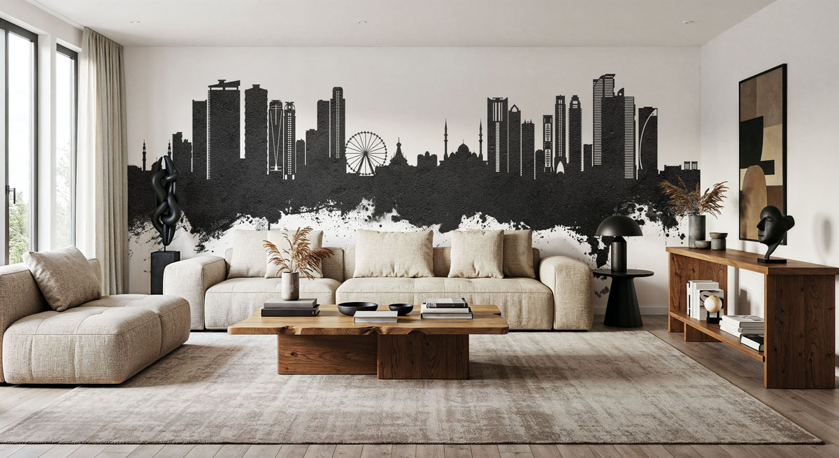 Sharjah Skyline Black & White Mural Wallpaper - room preview 06