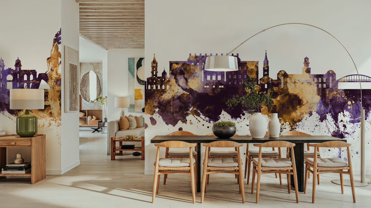 Coimbatore India Skyline Purple & Gold Mural Wallpaper - room preview 06