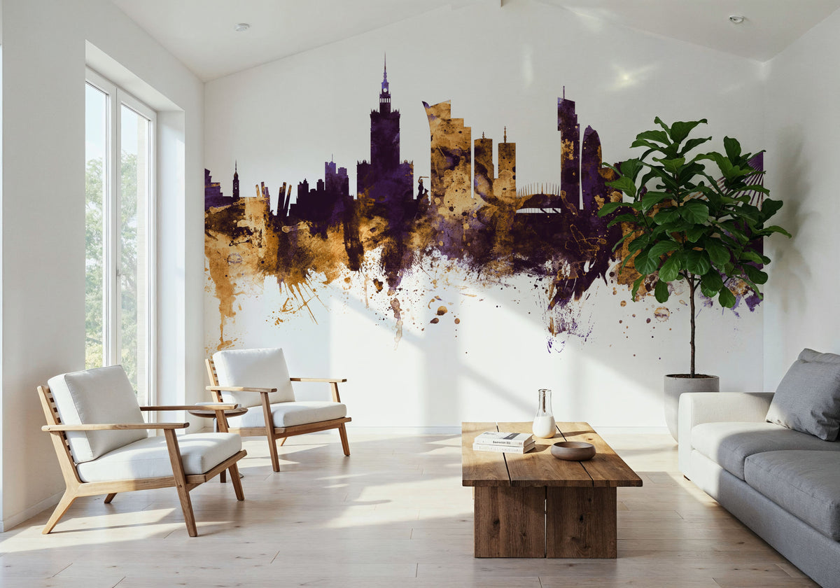 Warsaw Poland Skyline Purple & Gold Mural Wallpaper - room preview 06