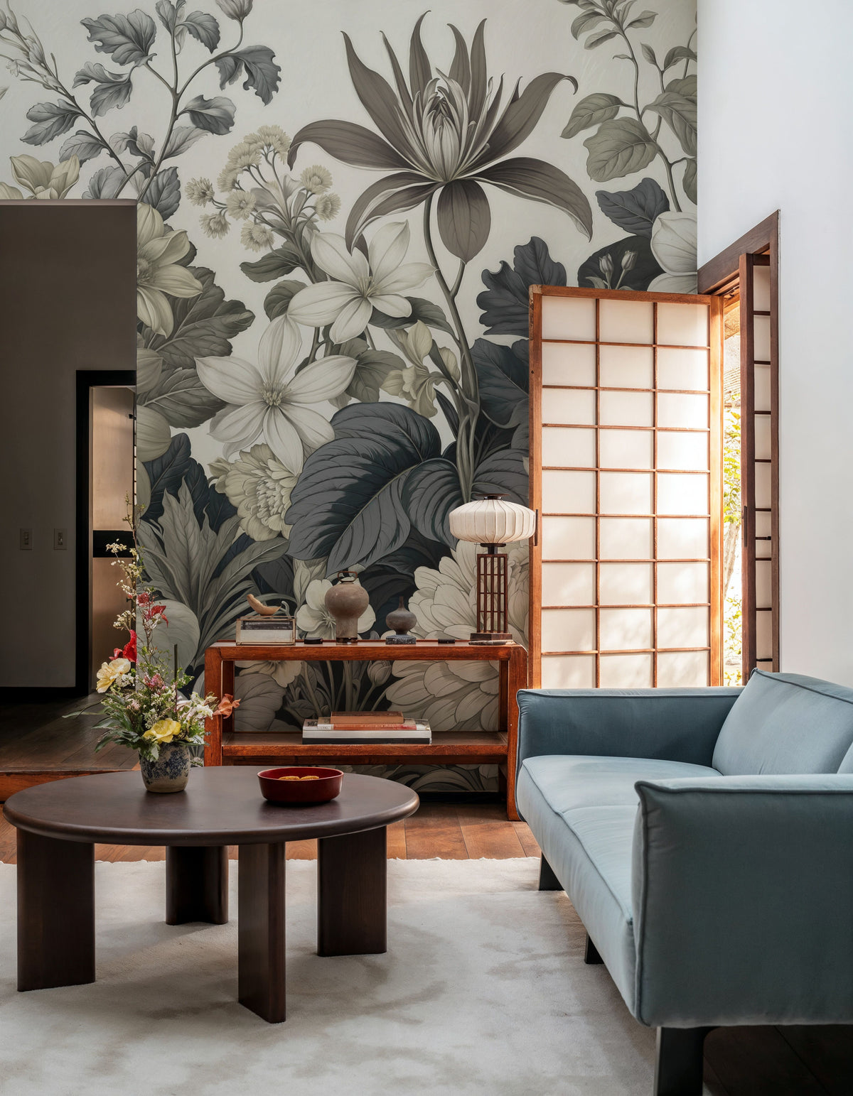 Dahlia Days, Beigy Lime Mural Wallpaper - room preview 06