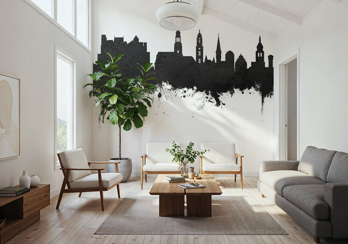 Heidelberg Germany Skyline Black & White Mural Wallpaper - room preview 06