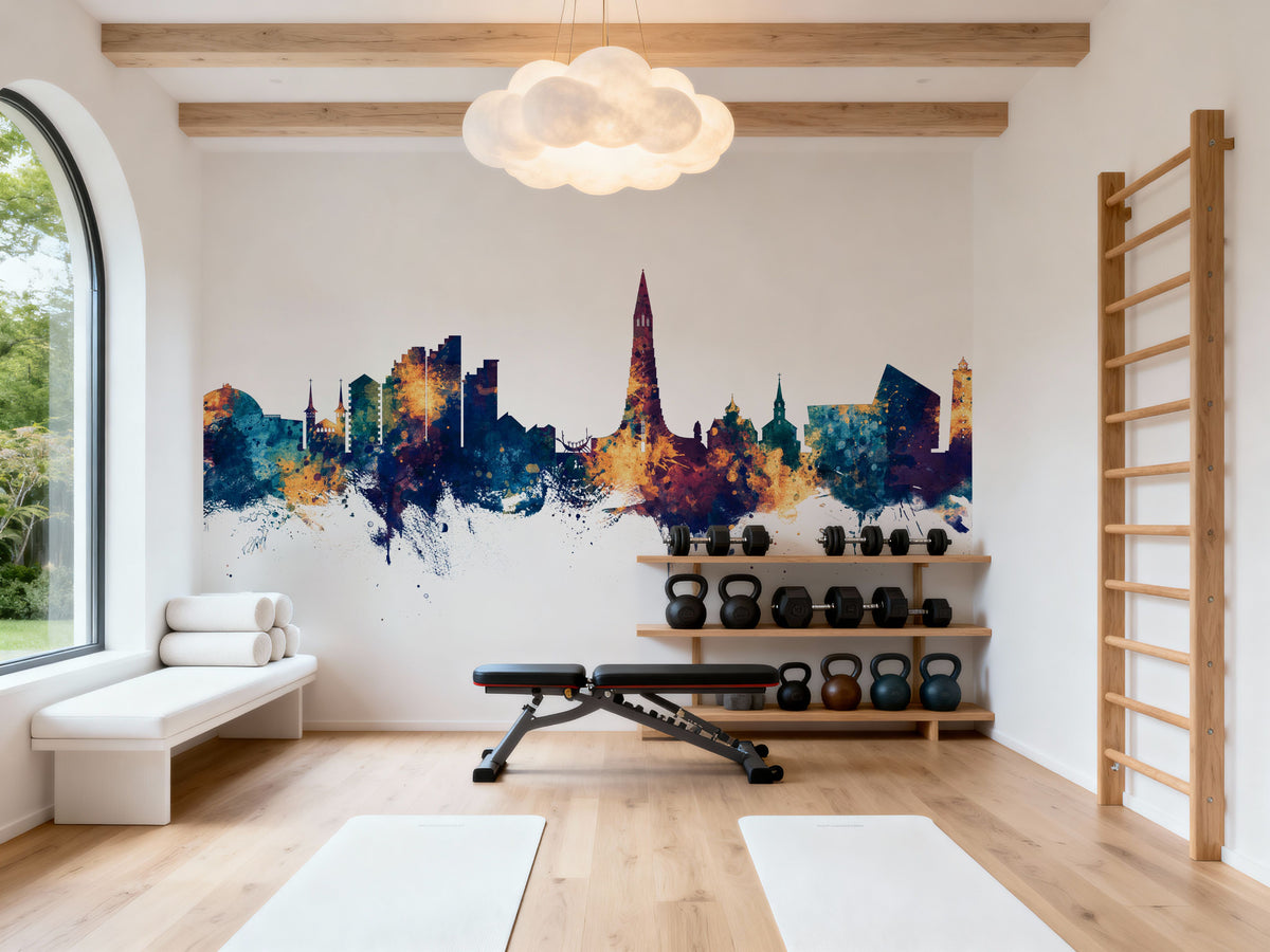 Reykjavík Skyline Blue & Bronze Mural Wallpaper - room preview 06