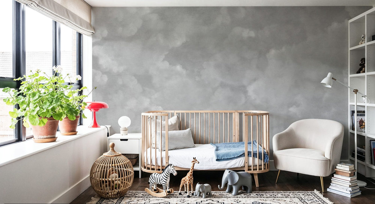 Painted Dreamy Clouds, Gray Mural Wallpaper - room preview 06