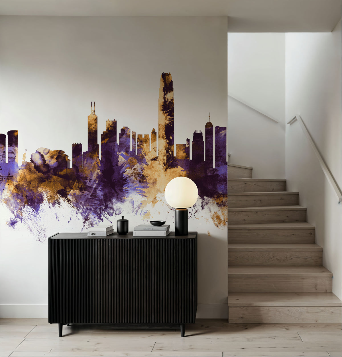 Hong Kong Skyline Purple & Gold Mural Wallpaper - room preview 06
