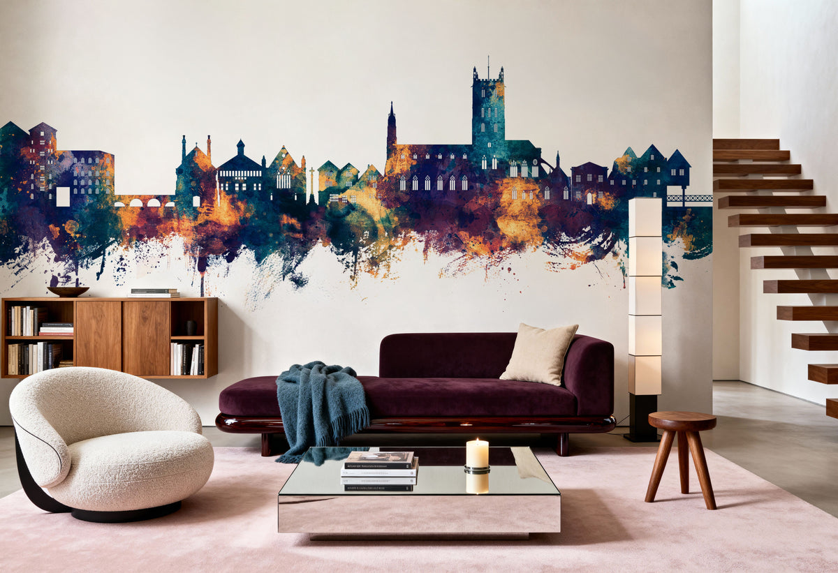Tewkesbury England Skyline Blue & Bronze Mural Wallpaper - room preview 06