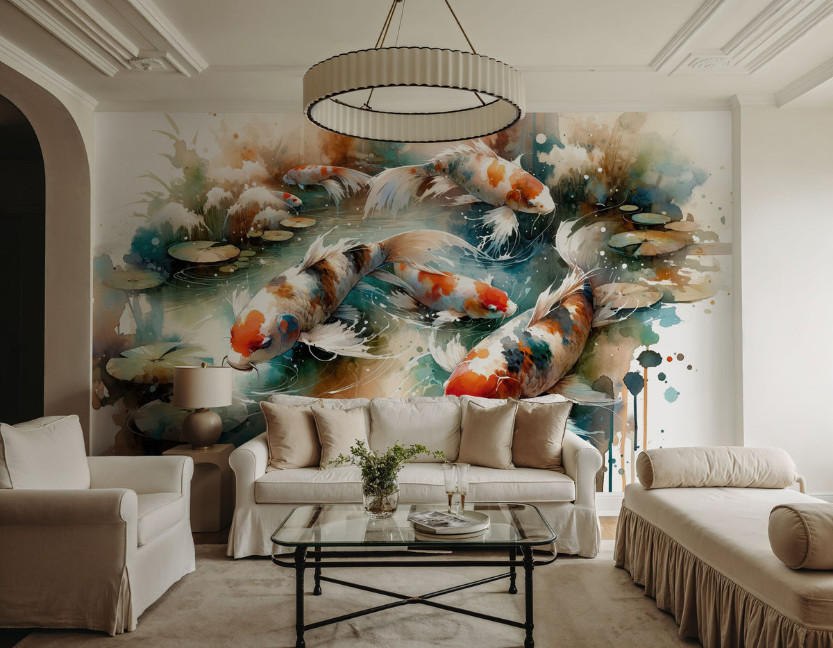 Koi Fishes in Watercolor Mural Wallpaper - room preview 06