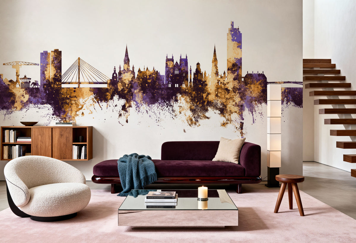 Nantes France Skyline Purple & Gold Mural Wallpaper - room preview 06