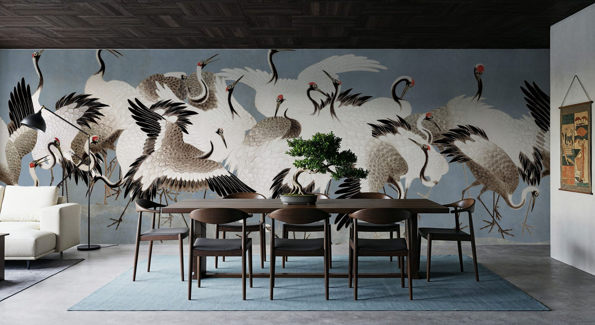 Japanese Flock of Cranes, Misty Sky Mural Wallpaper - room preview 06