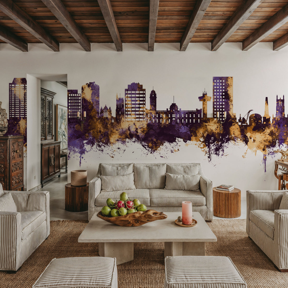 Hobart Australia Skyline Purple & Gold Mural Wallpaper - room preview 06
