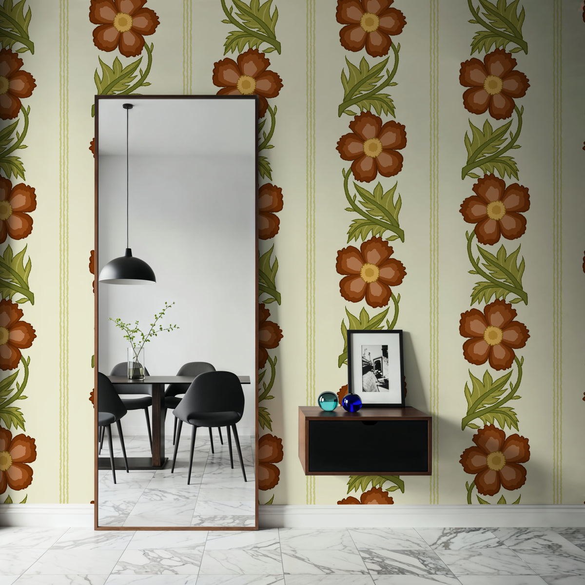 Floral Stripe, Red Mural Wallpaper - room preview 06