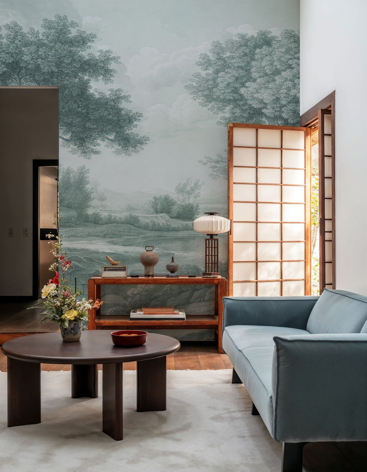 Riverbank Oak Landscape, Forest Green Mural Wallpaper - room preview 06