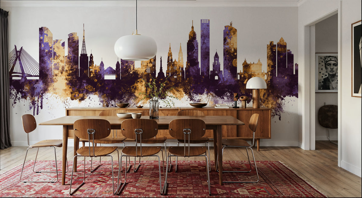 São Paulo Brazil Skyline Purple & Gold Mural Wallpaper - room preview 06