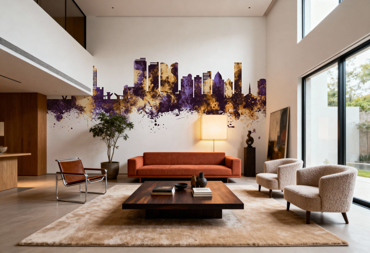 Fort Lauderdale Florida Skyline Purple & Gold Mural Wallpaper - room preview 06
