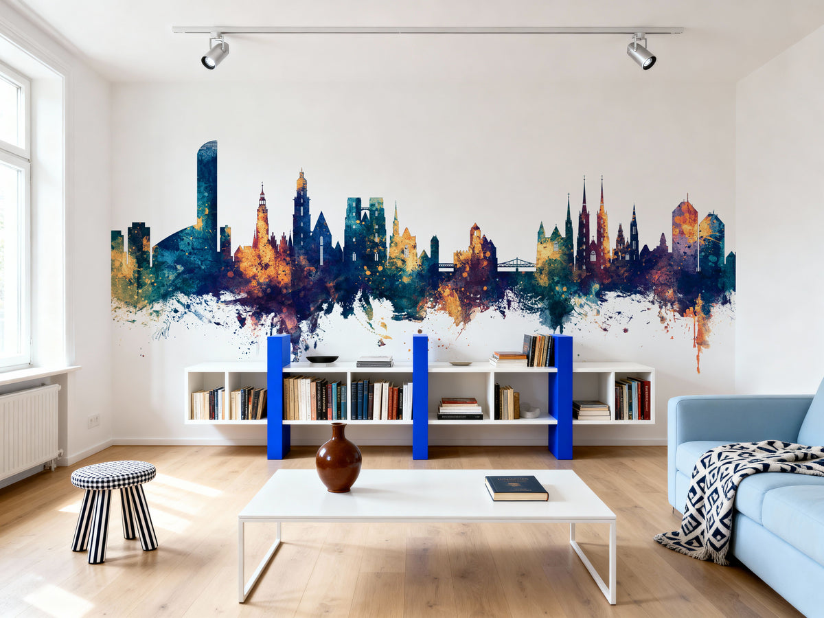 Wroclaw Poland Skyline Blue & Bronze Mural Wallpaper - room preview 06