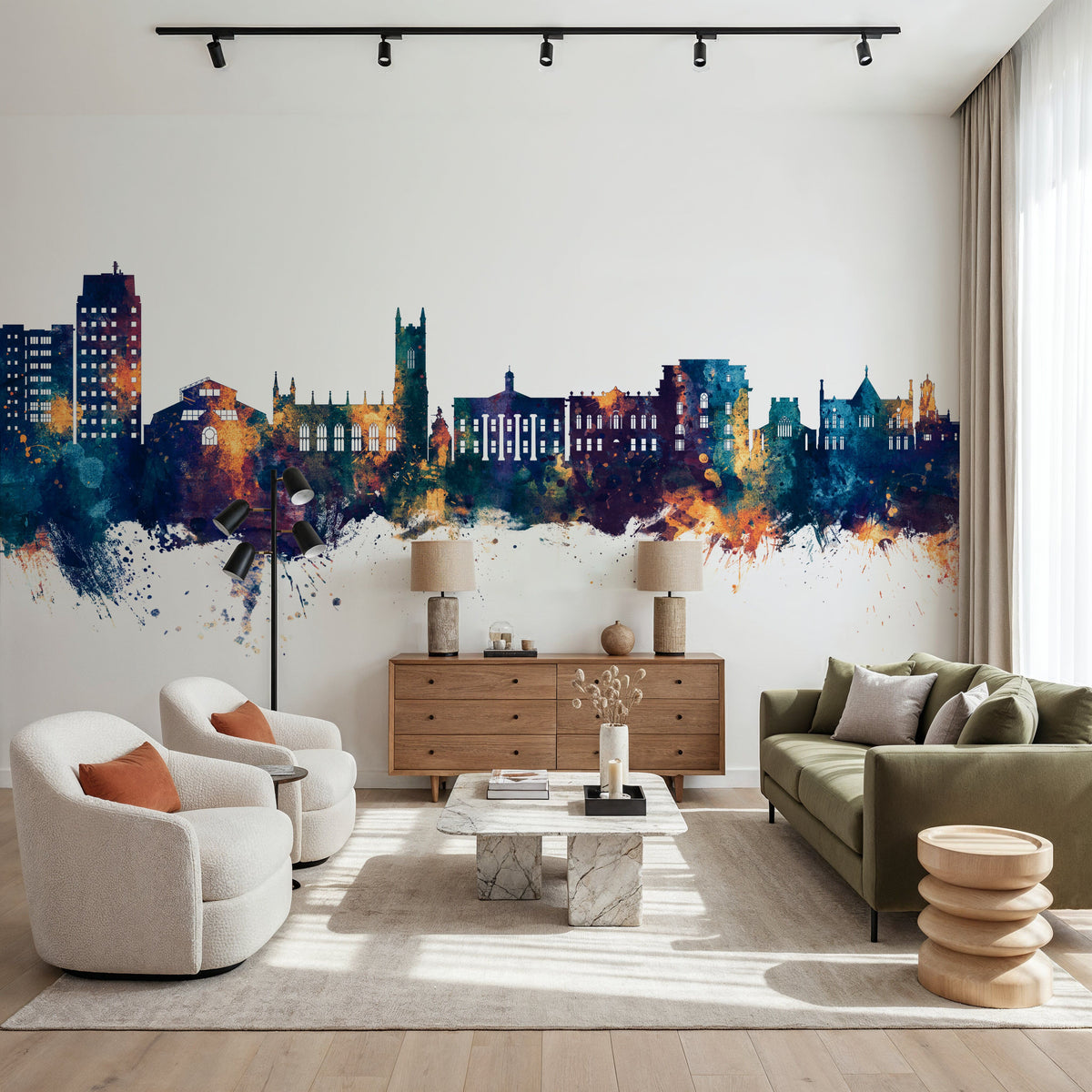Oldham England Skyline Blue & Bronze Mural Wallpaper - room preview 06