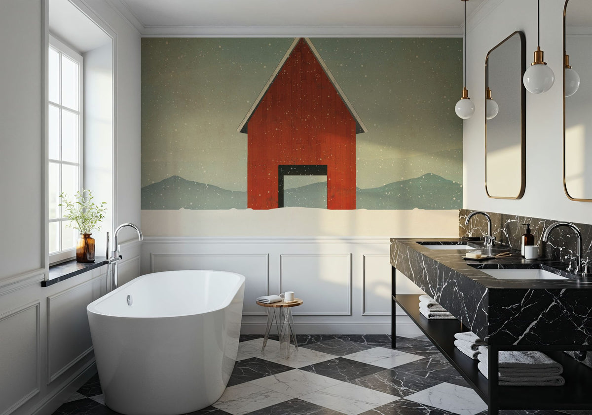 Red Barn Winter Mural Wallpaper - room preview 06