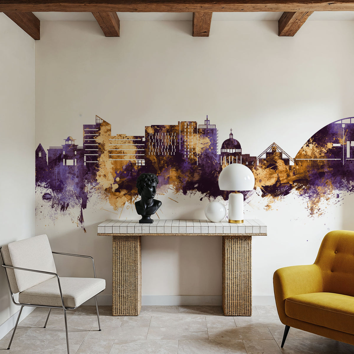 Milton Keynes England Skyline Purple & Gold Mural Wallpaper - room preview 06
