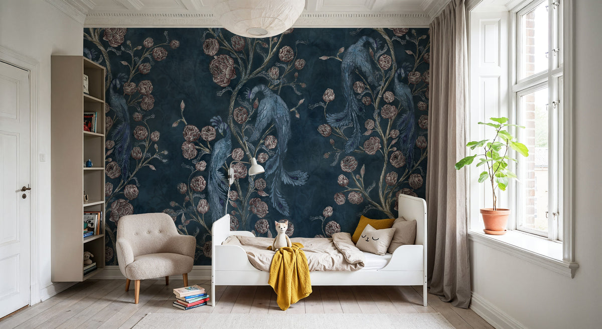Peacock and Peony Chinoiserie Navy Mural Wallpaper - room preview 06