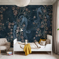 Peacock and Peony Chinoiserie Navy Mural Wallpaper - room preview 06