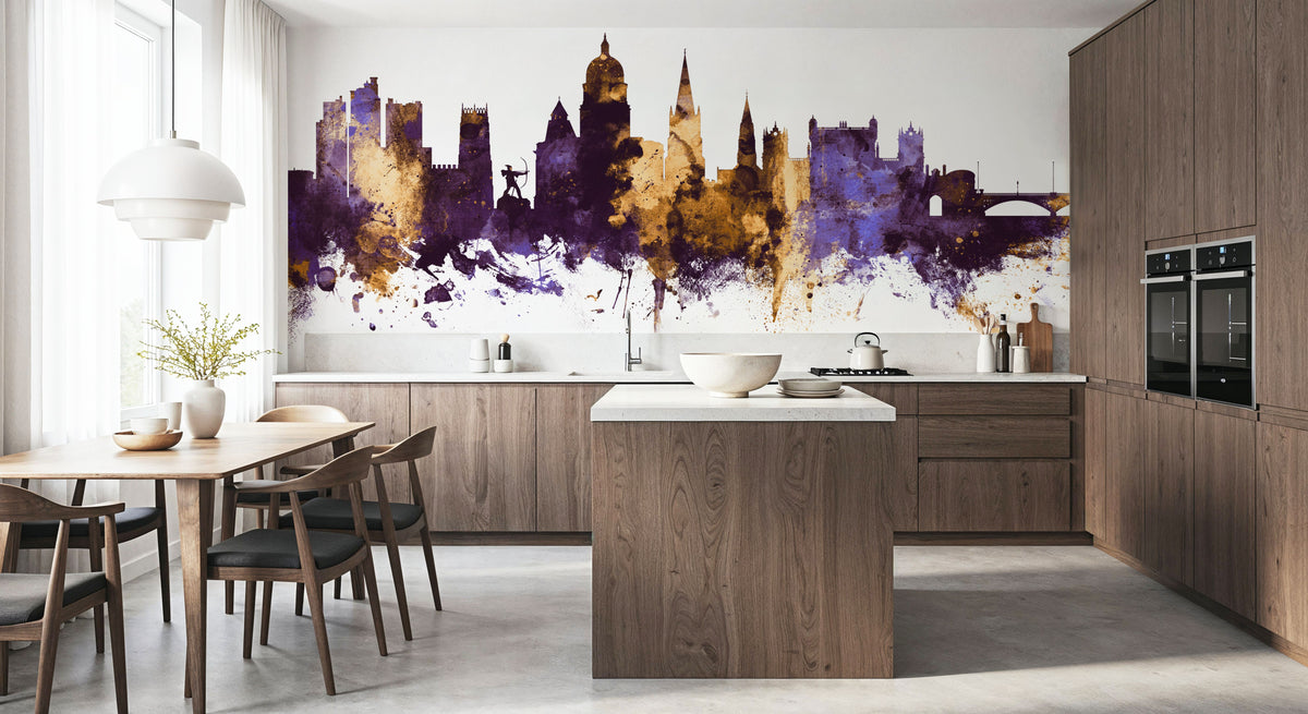 Nottingham England Skyline Purple & Gold Mural Wallpaper - room preview 06