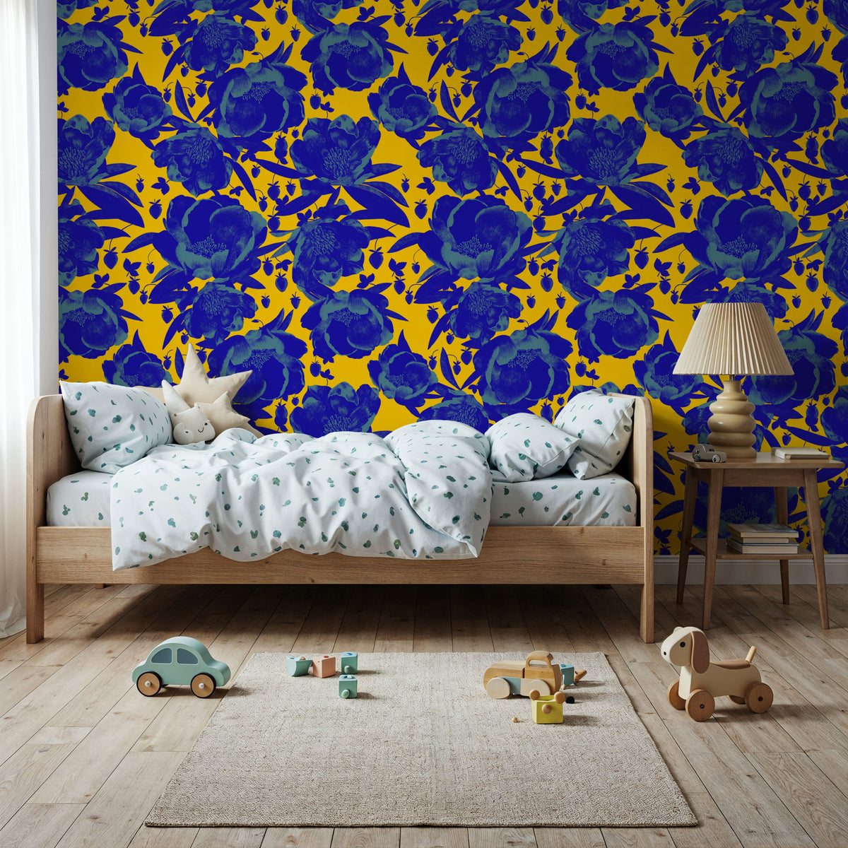 Pop Peonies, Yellow & Blue Mural Wallpaper - room preview 06