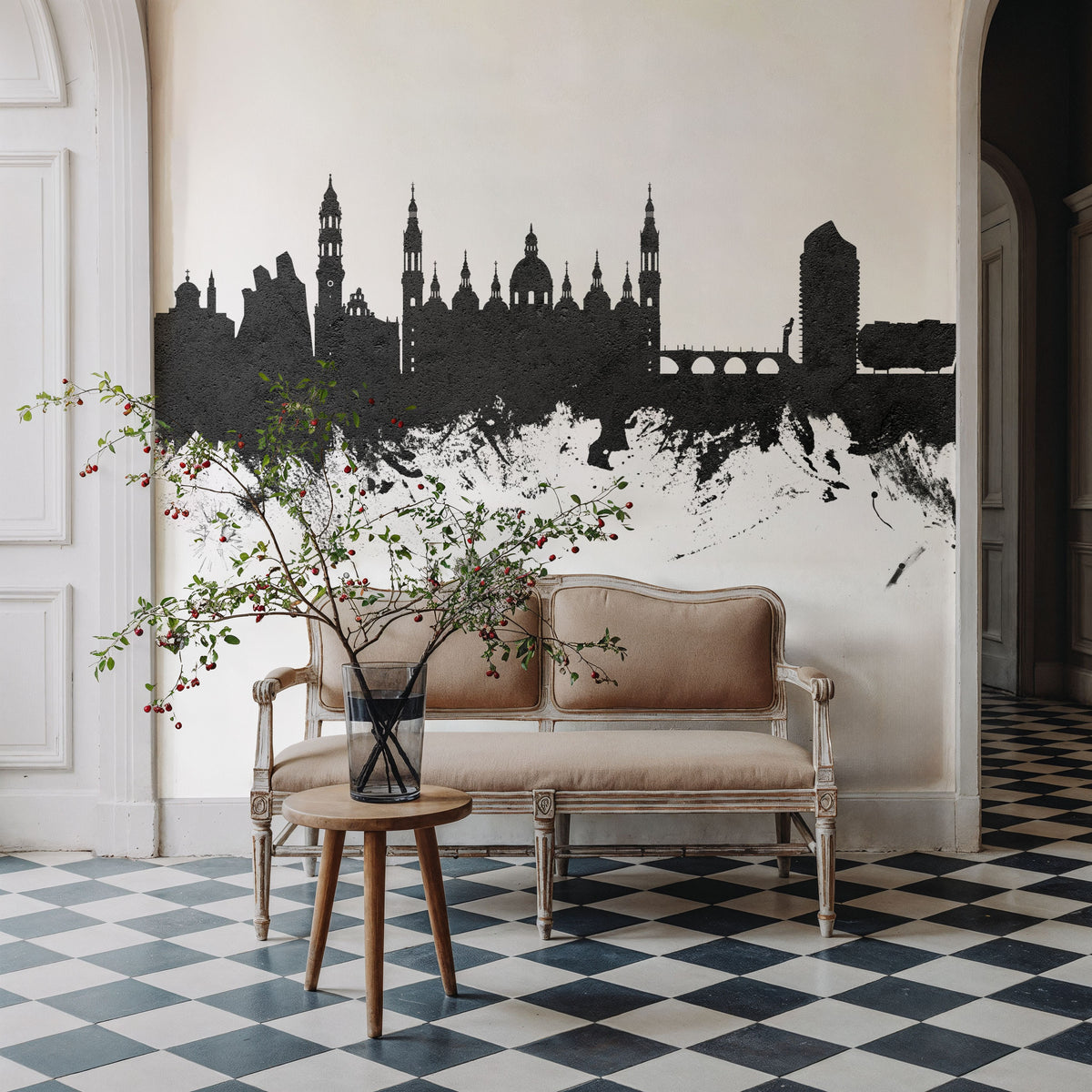 Zaragoza Spain Skyline Black & White Mural Wallpaper - room preview 06