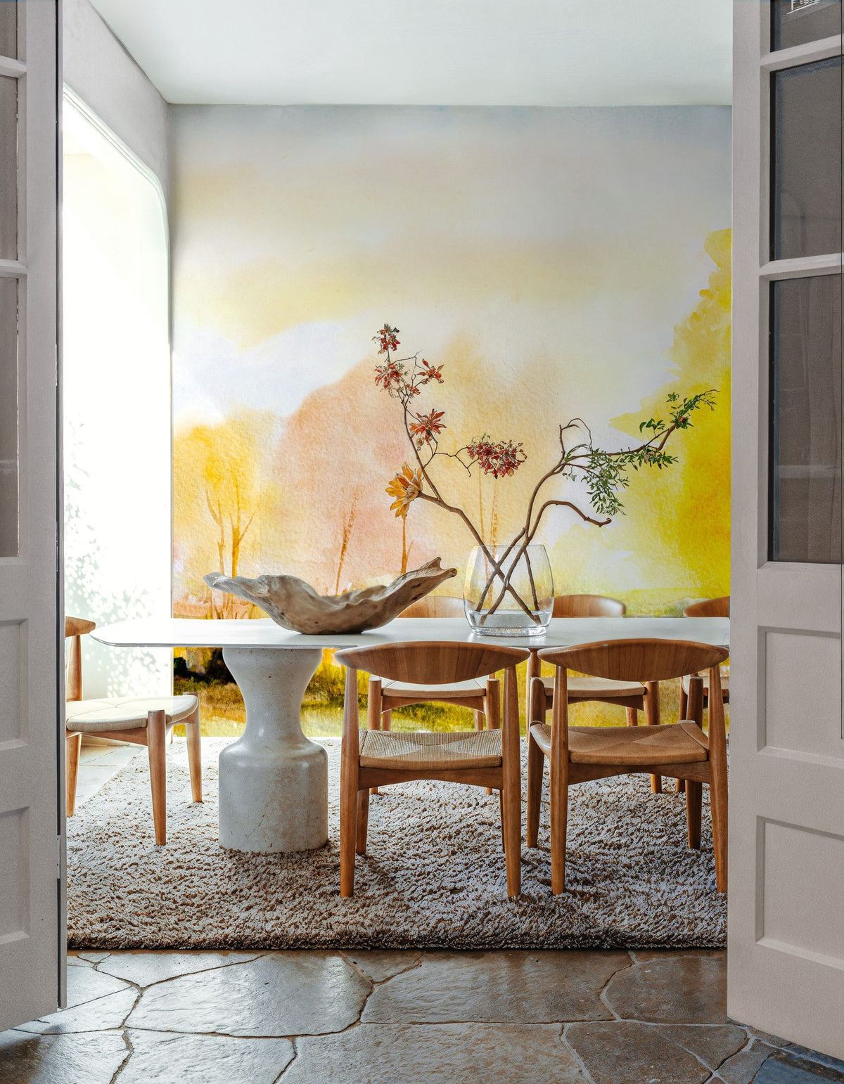 Yellow Autumn Trees, Landscape Painting Mural Wallpaper - room preview 06