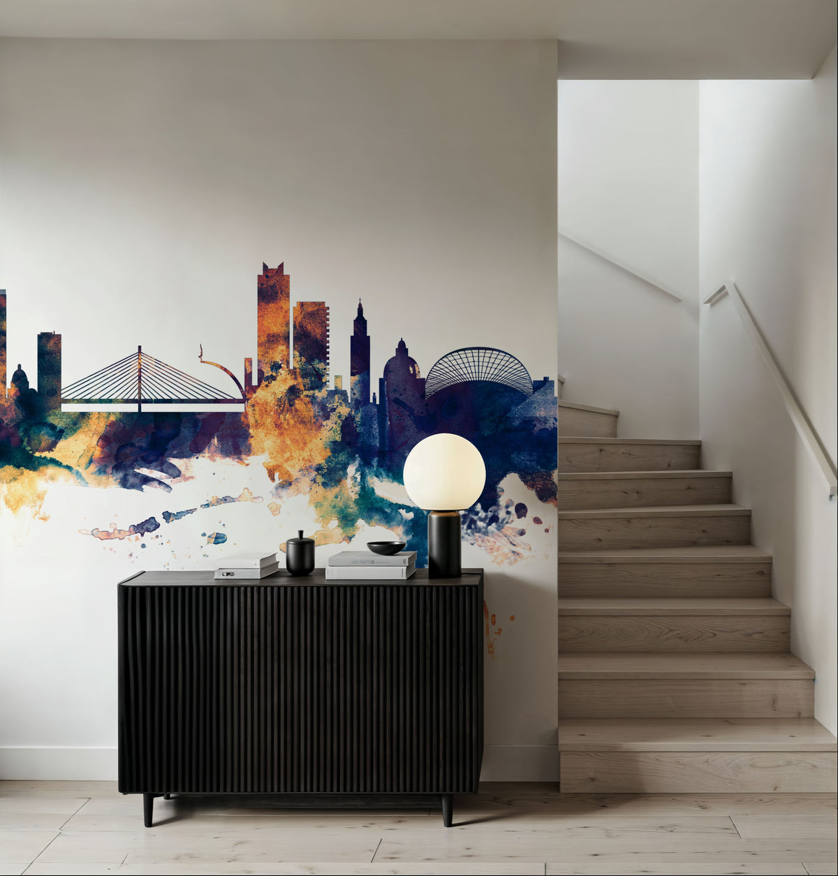 Liege Belgium Skyline Blue & Bronze Mural Wallpaper - room preview 06