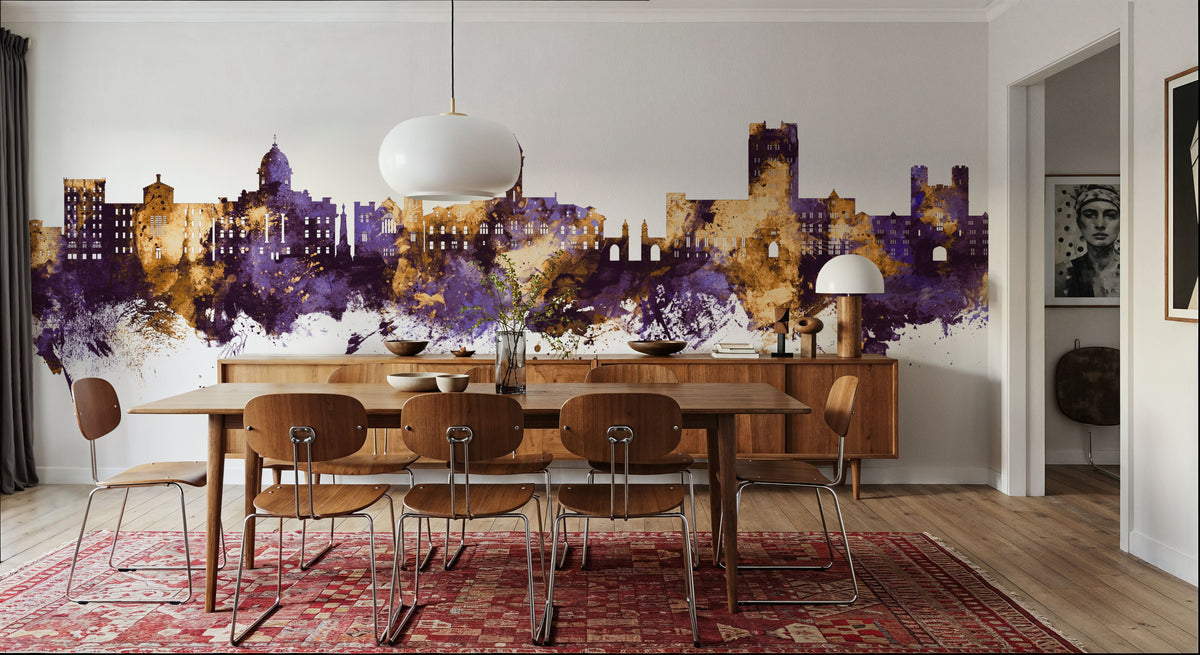 Bloomington Indiana Skyline Purple & Gold Mural Wallpaper - room preview 06