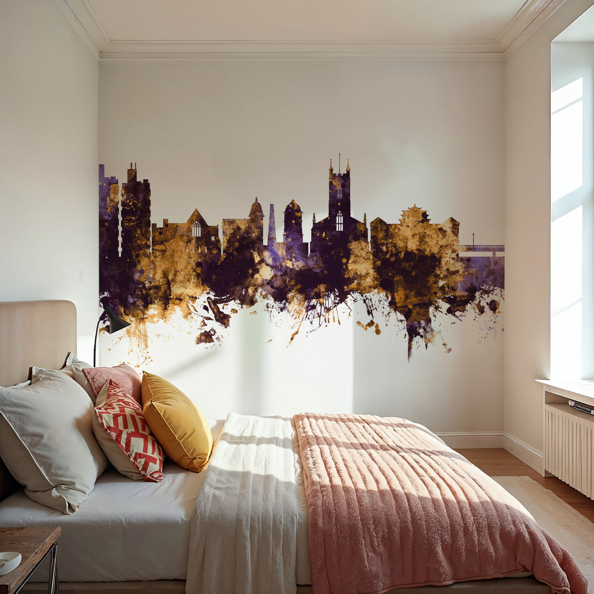 Stoke-on-Trent Skyline Purple & Gold Mural Wallpaper - room preview 06