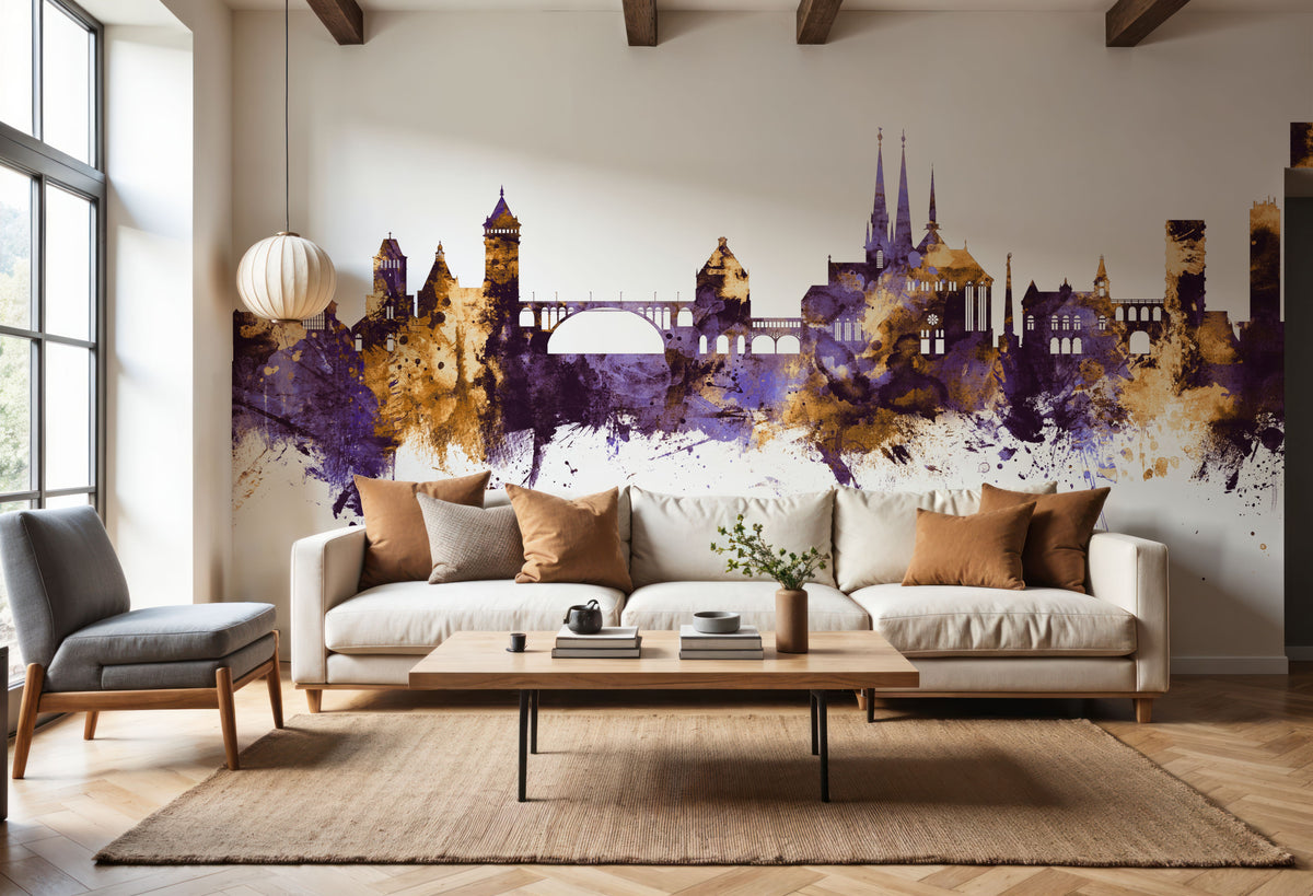Luxembourg City Skyline Purple & Gold Mural Wallpaper - room preview 06