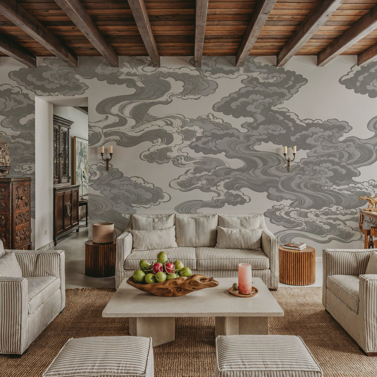 Ukiyo-e Clouds, Gray Mural Wallpaper - room preview 06