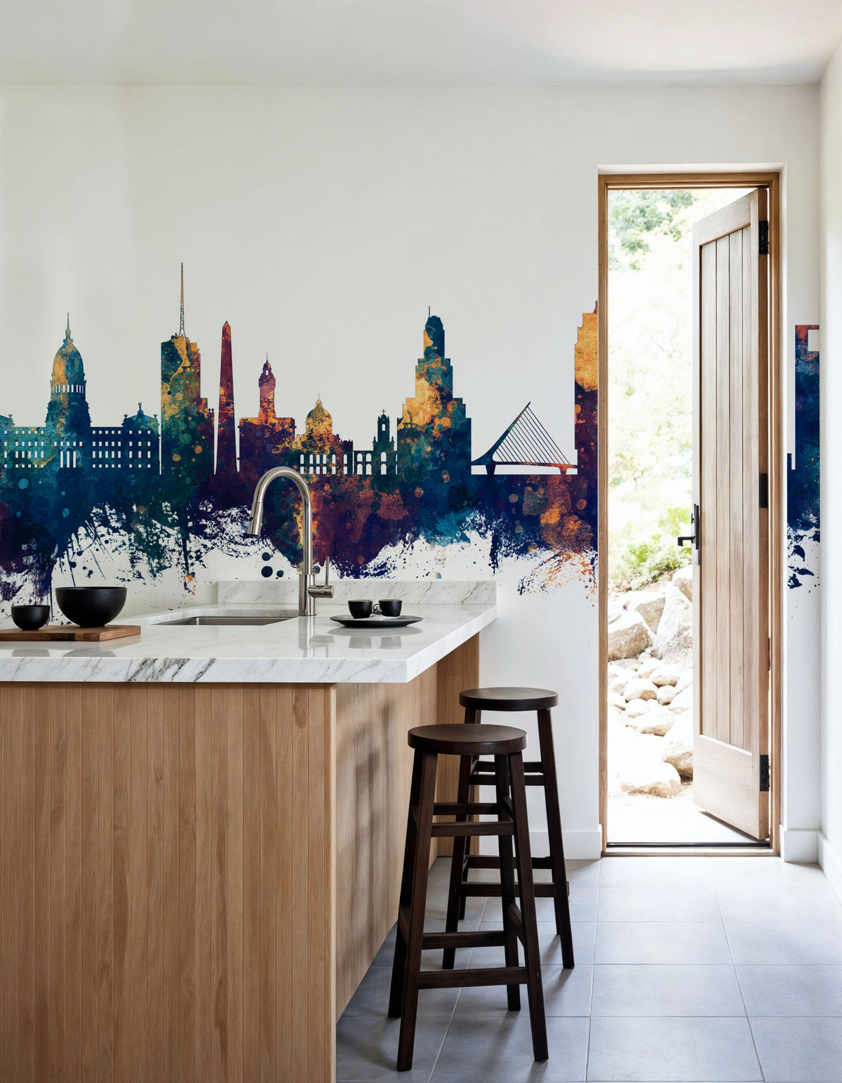 Buenos Aires Argentina Skyline Blue & Bronze Mural Wallpaper - room preview 06