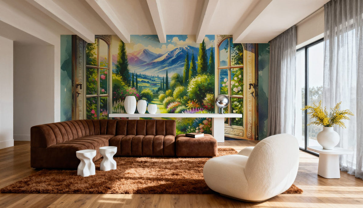 Mountain View Through Open Window Mural Wallpaper - room preview 06
