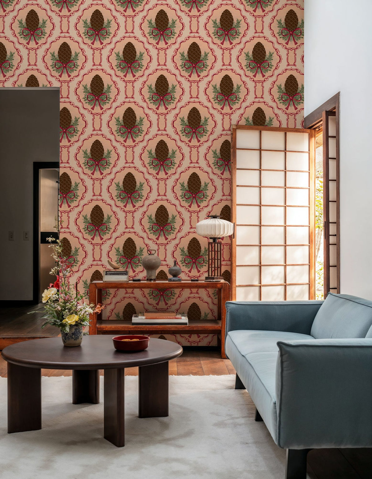 Pine Cone & Ornate Rackets, Peach Mural Wallpaper - room preview 06
