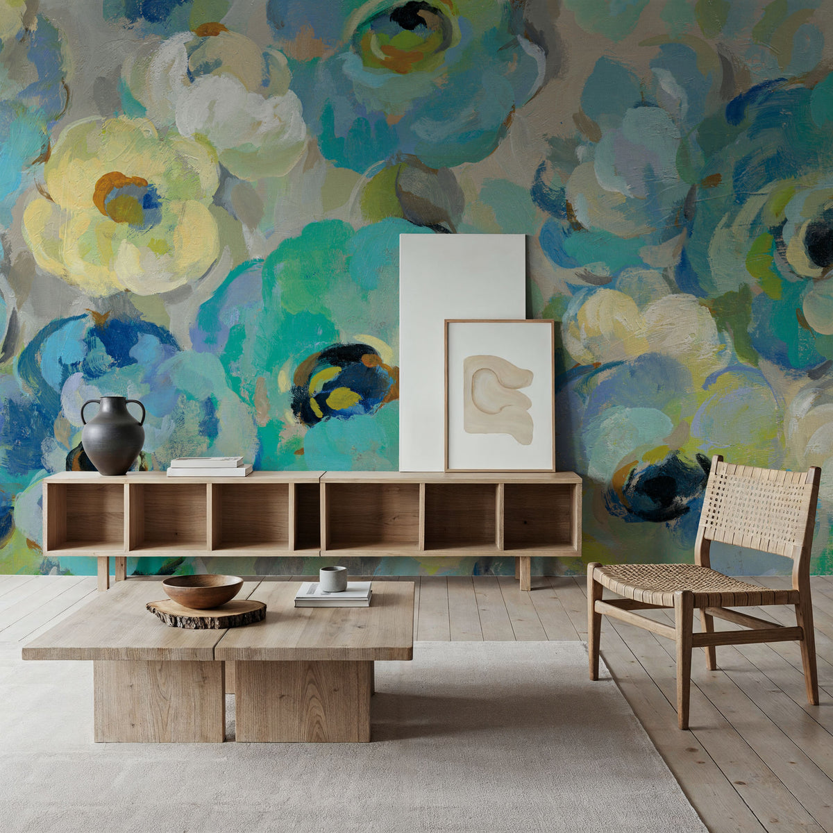 Fresh Teal Flowers Mural Wallpaper - room preview 06