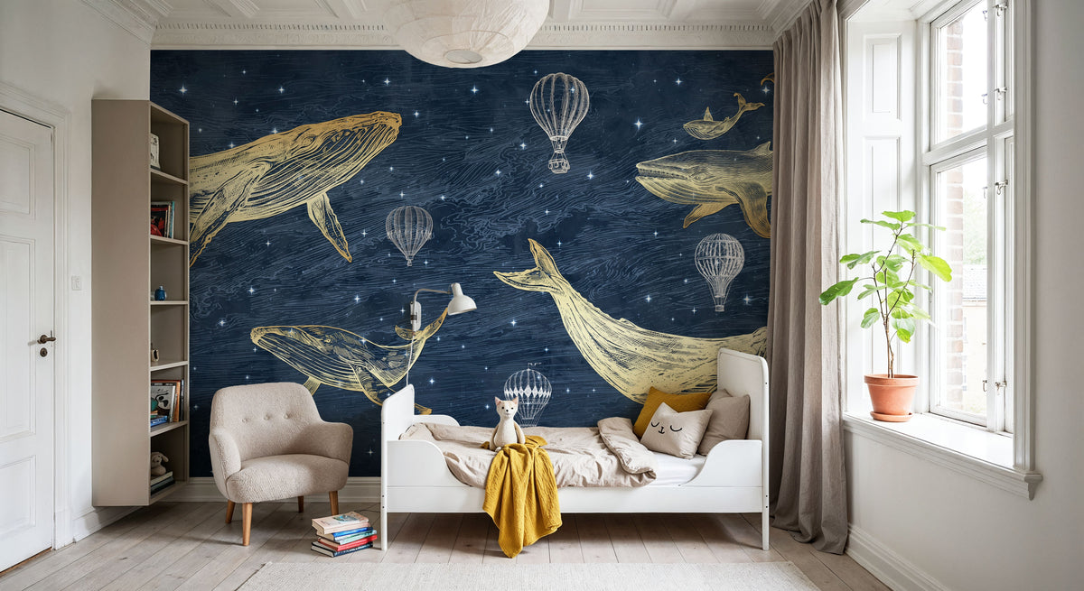 Whales in the Sky with Balloons, Midnight Mural Wallpaper - room preview 06