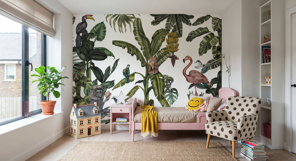 Monkeys with Birds, White Mural Wallpaper - room preview 06