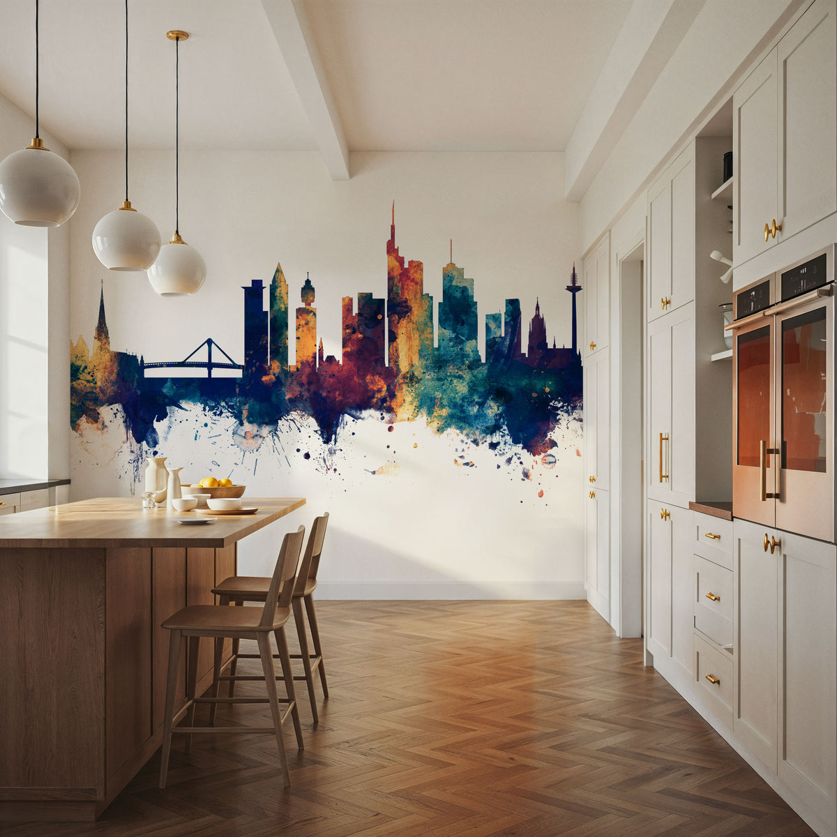 Frankfurt Skyline Blue & Bronze Mural Wallpaper - room preview 06