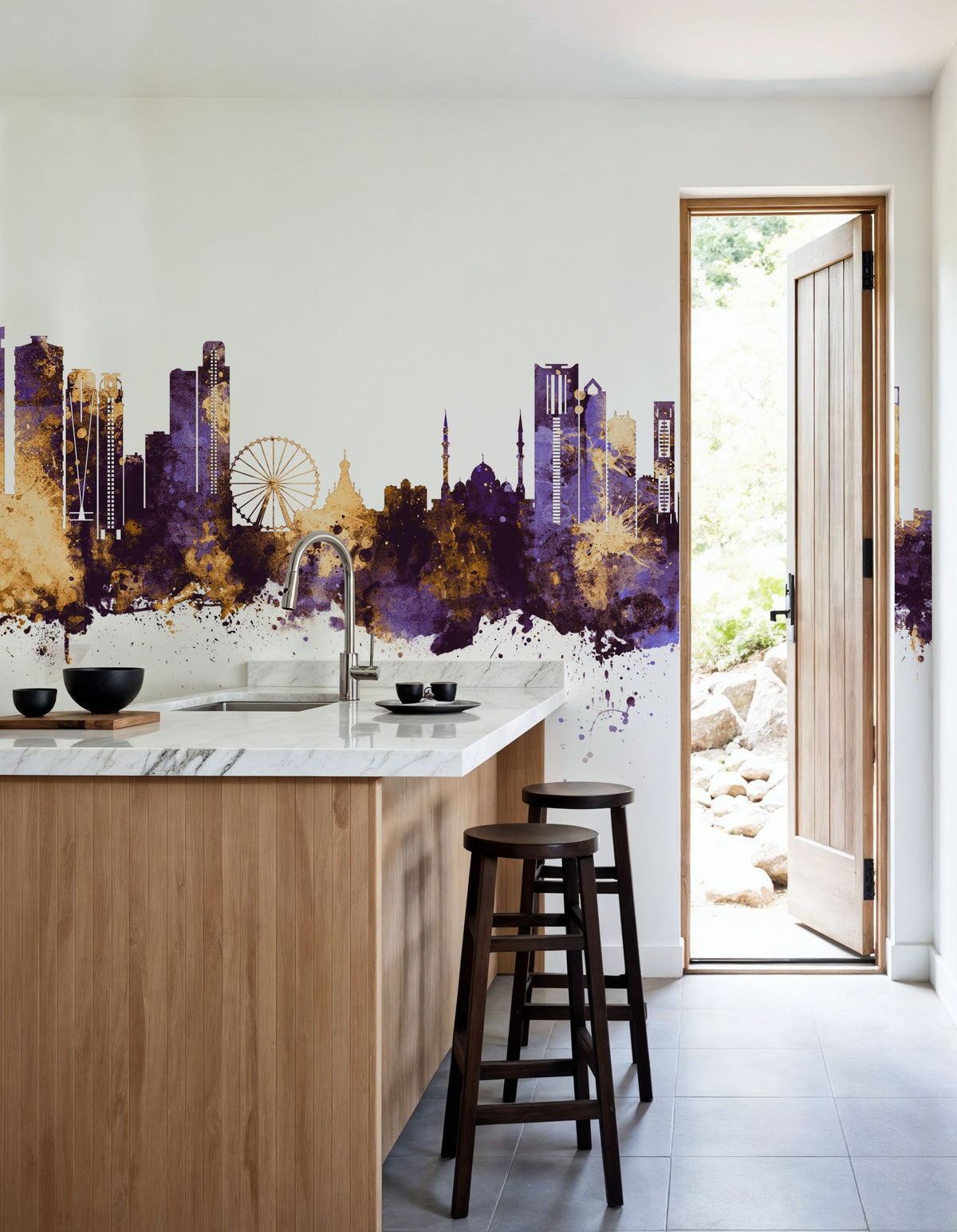 Sharjah Skyline Purple & Gold Mural Wallpaper - room preview 06