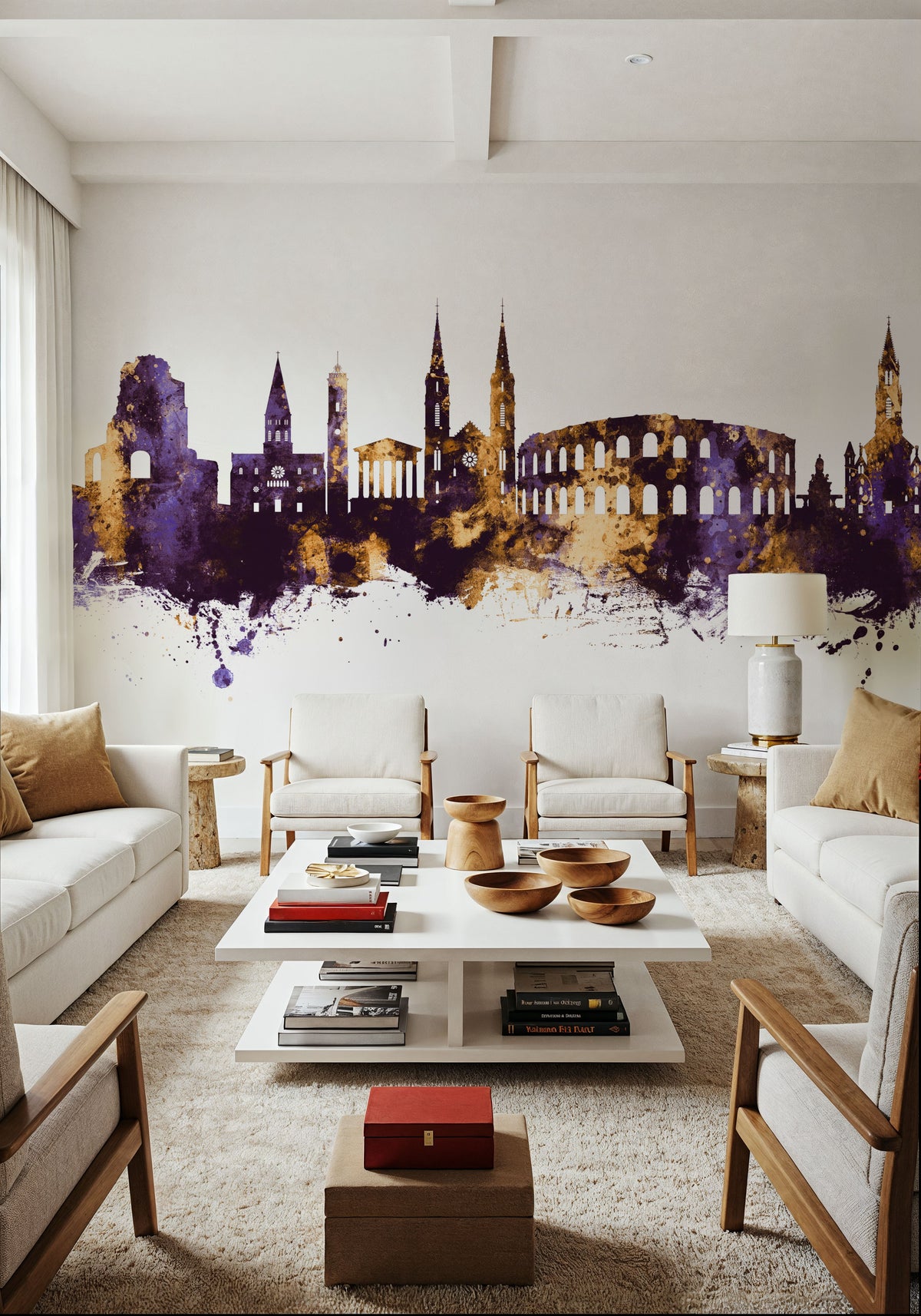 Nîmes France Skyline Purple & Gold Mural Wallpaper - room preview 06