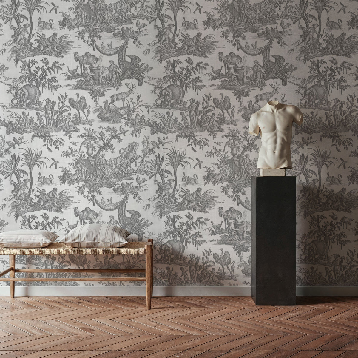 Patinated Linen Toile De Jouy, Stone Mural Wallpaper - room preview 06