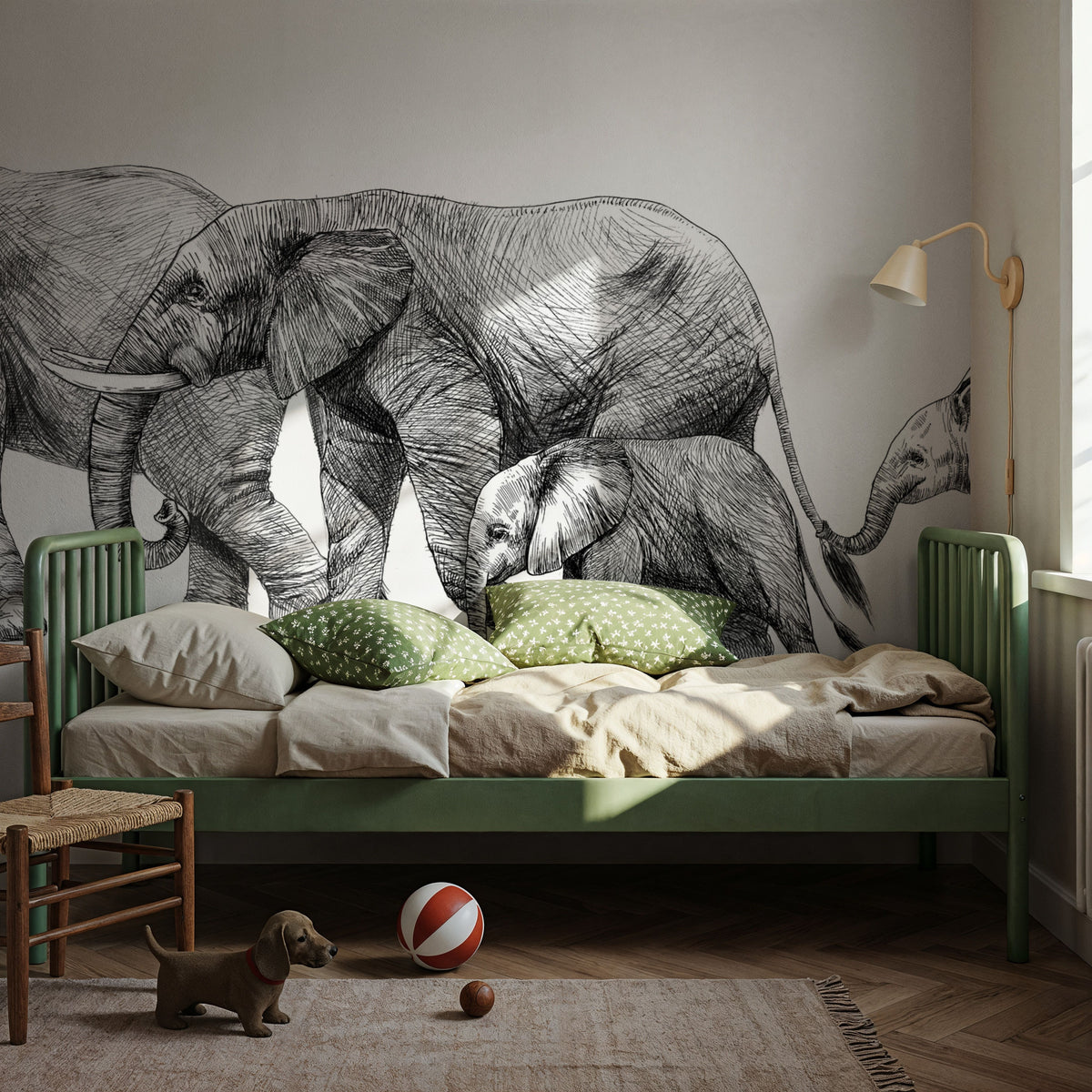 Safari Elephants Illustration Mural Wallpaper - room preview 06
