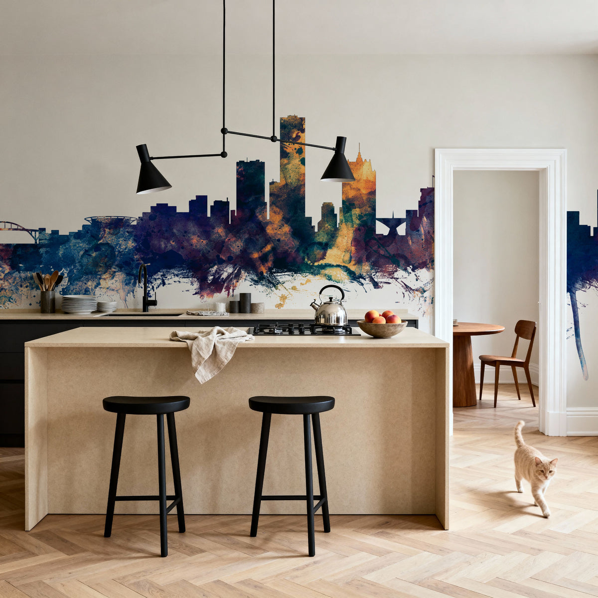 Milwaukee Wisconsin Skyline Blue & Bronze Mural Wallpaper - room preview 06