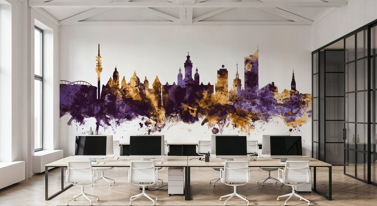 Leipzig Germany Skyline Purple & Gold Mural Wallpaper - room preview 06