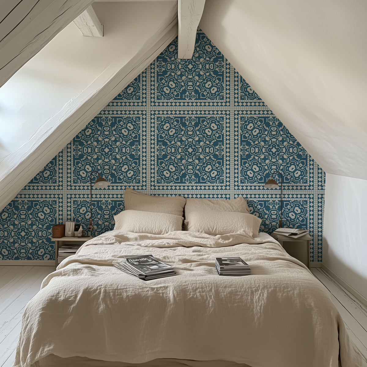 Mission Cement Tiles, Steel Blue Mural Wallpaper - room preview 06