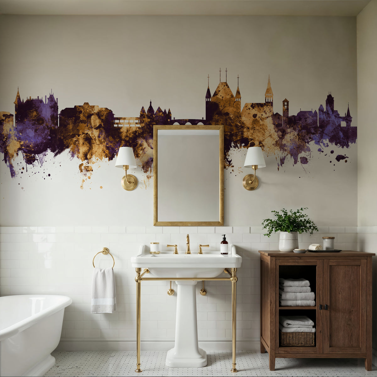 Thun Switzerland Skyline Purple & Gold Mural Wallpaper - room preview 06