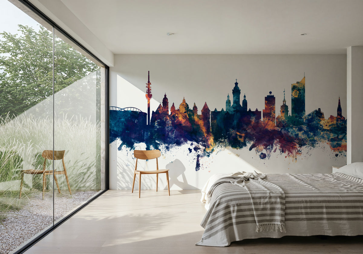 Leipzig Germany Skyline Blue & Bronze Mural Wallpaper - room preview 06